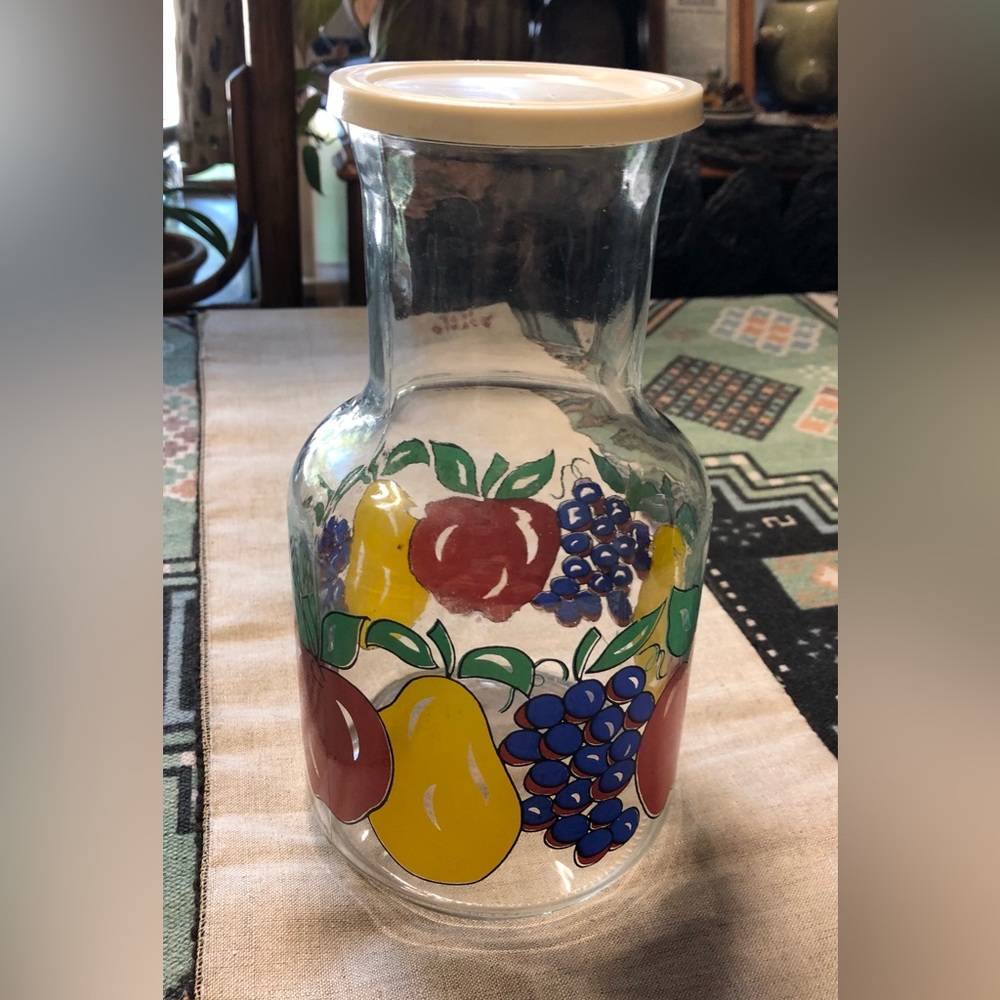 Vintage Glass Juice Pitcher Carafe With Lid, Different Fruits MCM Retro